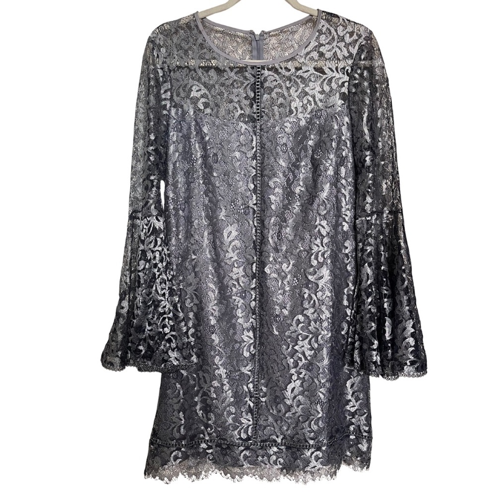NWT! WHBM Silver Lace Bell Sleeve Shift Dress - Picture 3 of 13